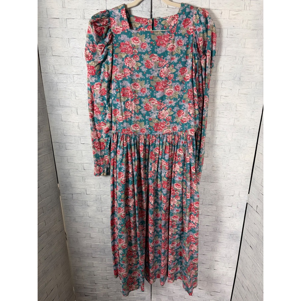 Vintage Laura Ashley Womens Dress Floral Cotton Midi Made in Great Britain Teal